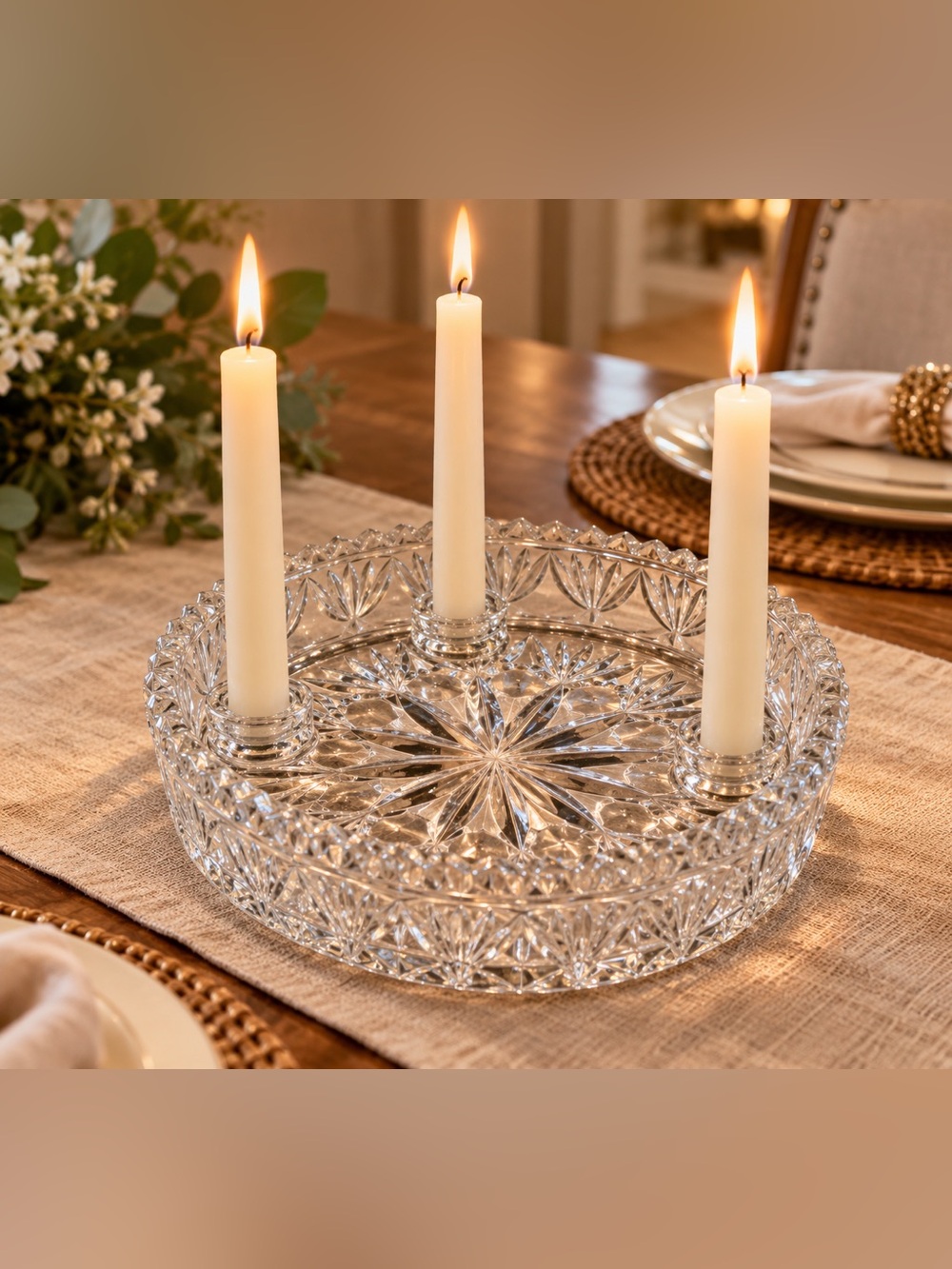 Vintage Cut Glass 3 Taper Candle Holder Centerpiece Starburst Crystal Look